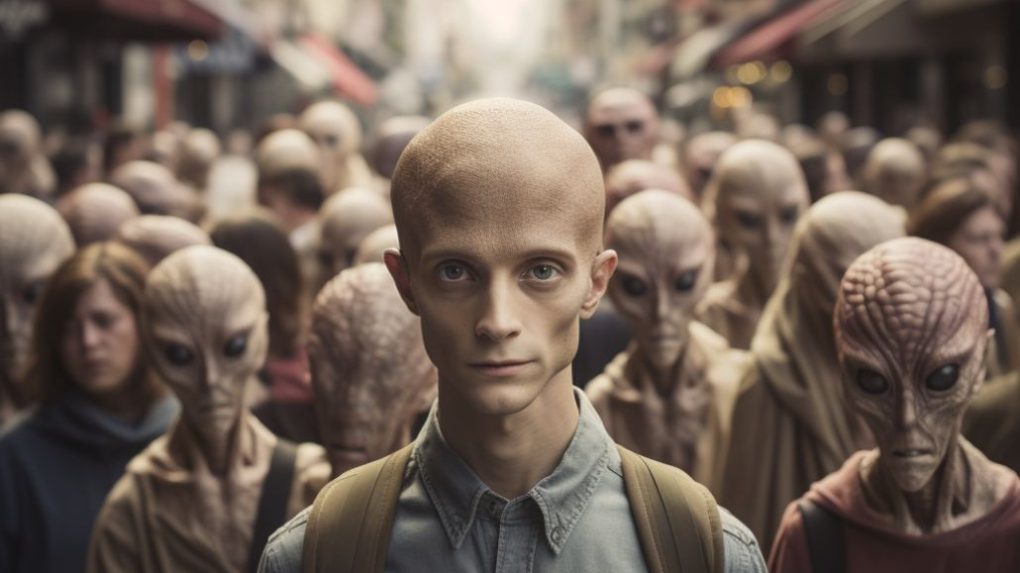 A crowded street of people with some individuals having alien-like features.