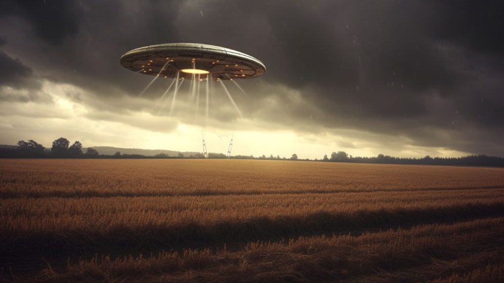 A UFO flying over a field, looking like it is about to crash or land.