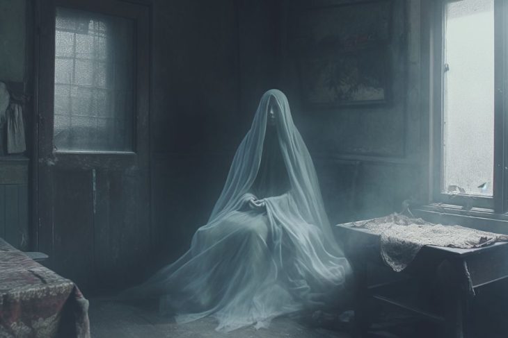 Depiction of a sheeted ghost, a widely recognized symbol of hauntings.