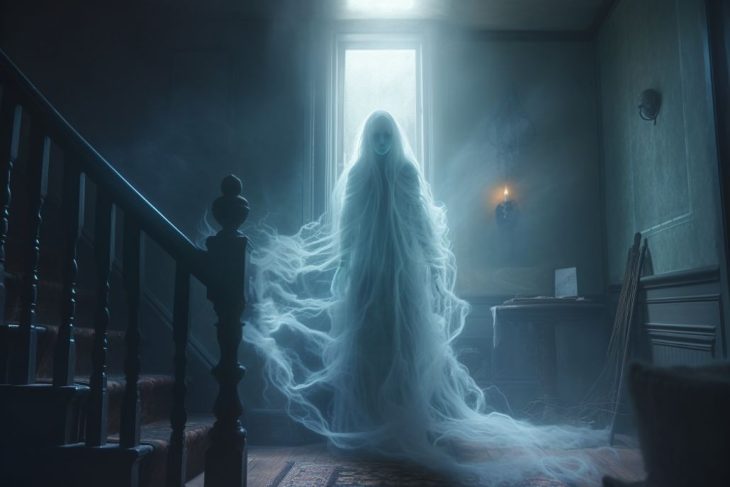 Ghostly figure in a castle, encapsulating Gothic ghost story elements.