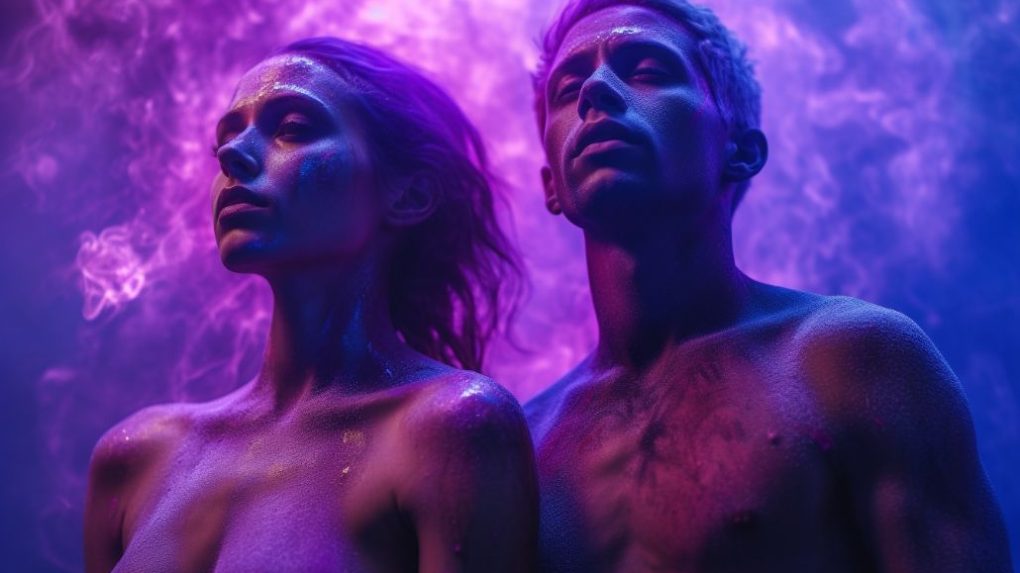 A man and a woman with their purple auras visible.