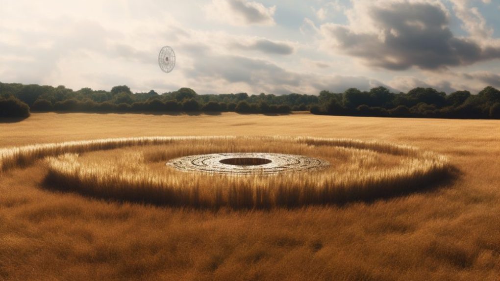 A large crop circle in a field.