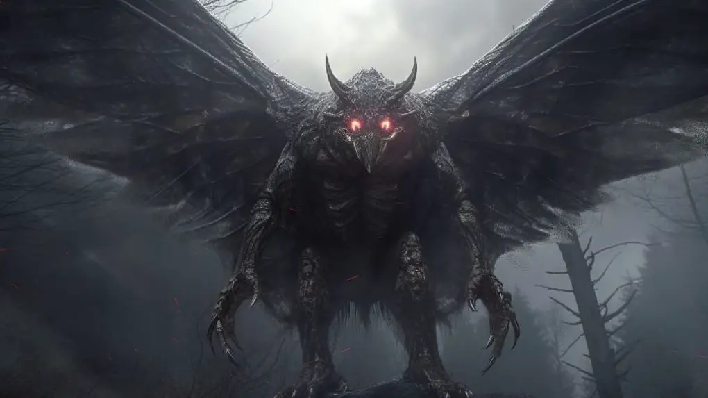 A huge mothman with red eyes