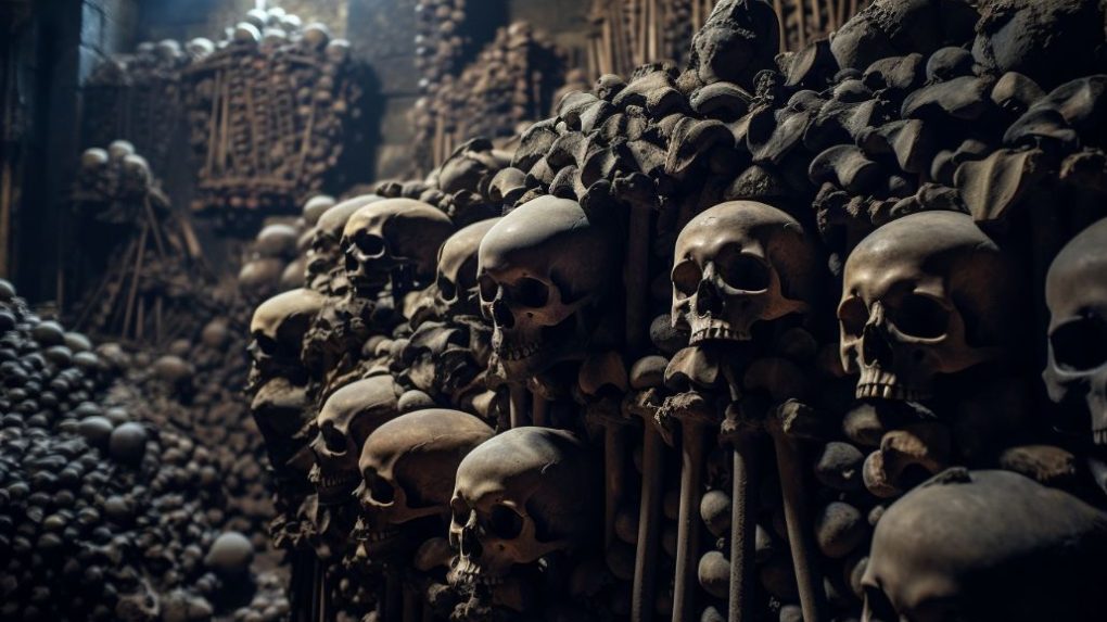 18th-century mass graves in the Paris Catacombs' haunting depths.