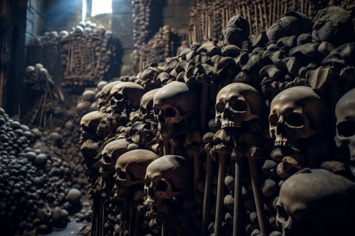The Paris Municipal Ossuary, a grand showcase of human remains in the Catacombs.