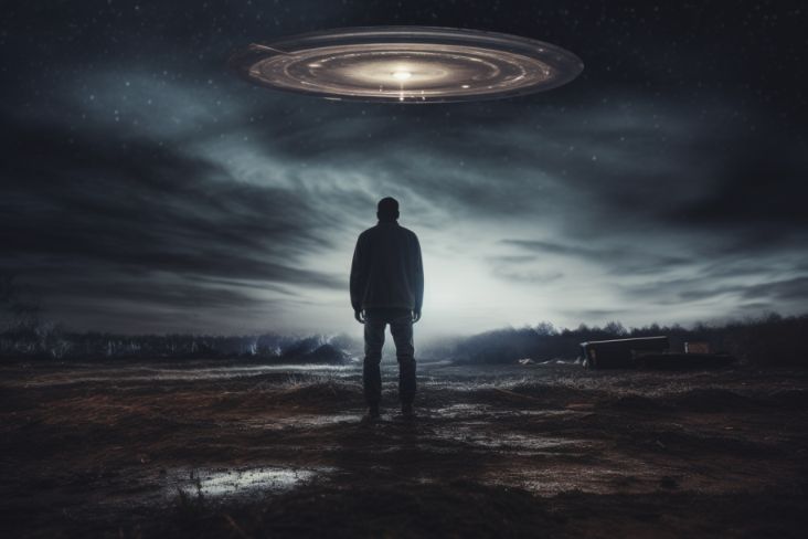 A man is looking at a mysterious UFO.