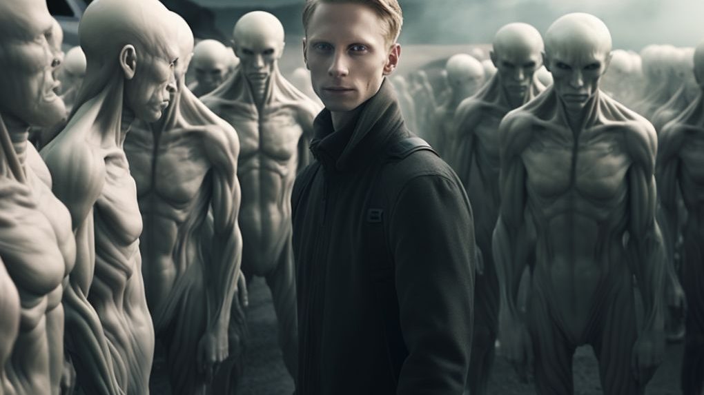 A bunch of tall white alines surrounded a human.