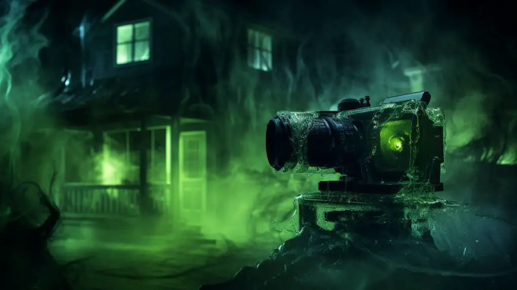 A night vision camcorder is filming a haunted house.