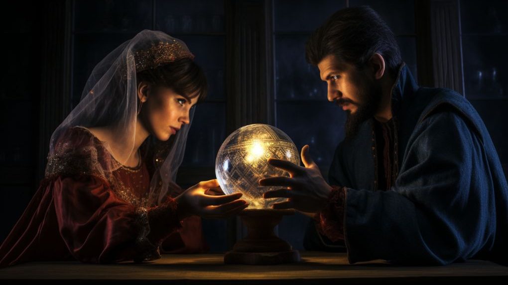 Two people are holding a crystal ball and talking about some things.