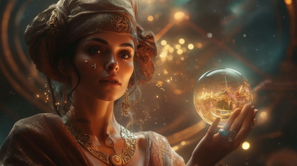A psychic woman holding onto a crystal ball