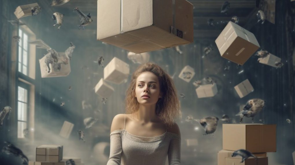 A woman sits on the floor and at her back, boxes and animals are floating in the air.