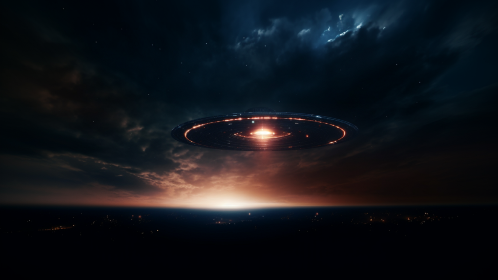 A mysterious UFO is flying in the dark night sky.