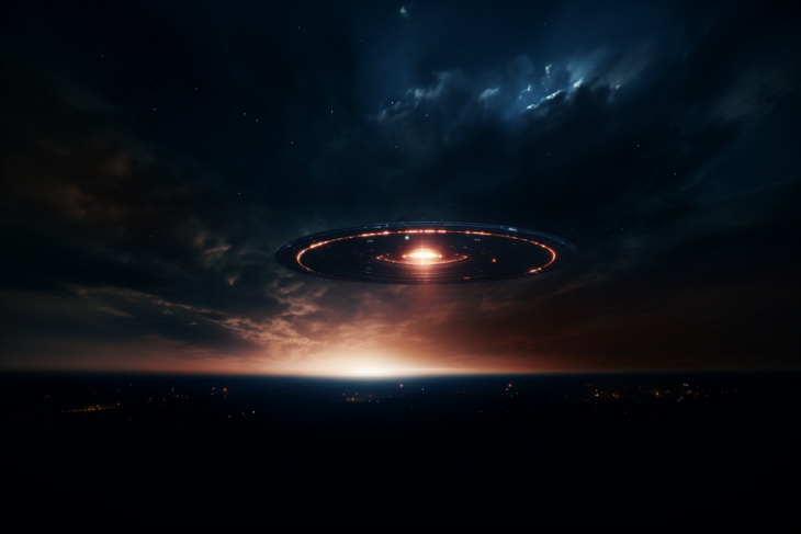 A mysterious UFO is flying in the dark night sky.