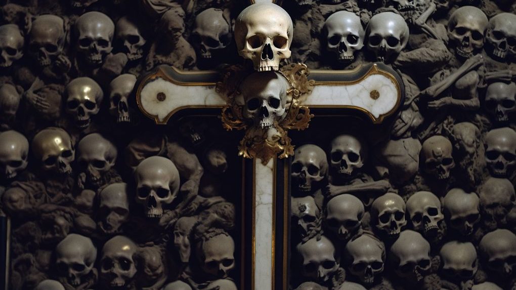 Crucifix in front of bones in the Bone Church