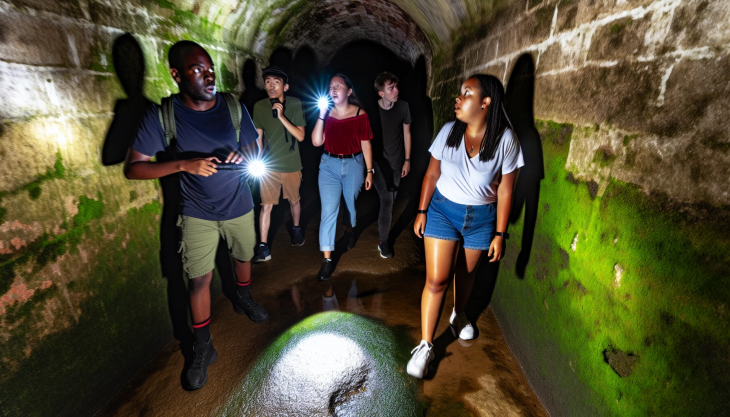 A group of curious tourists exploring underground tunnels on a ghost tour